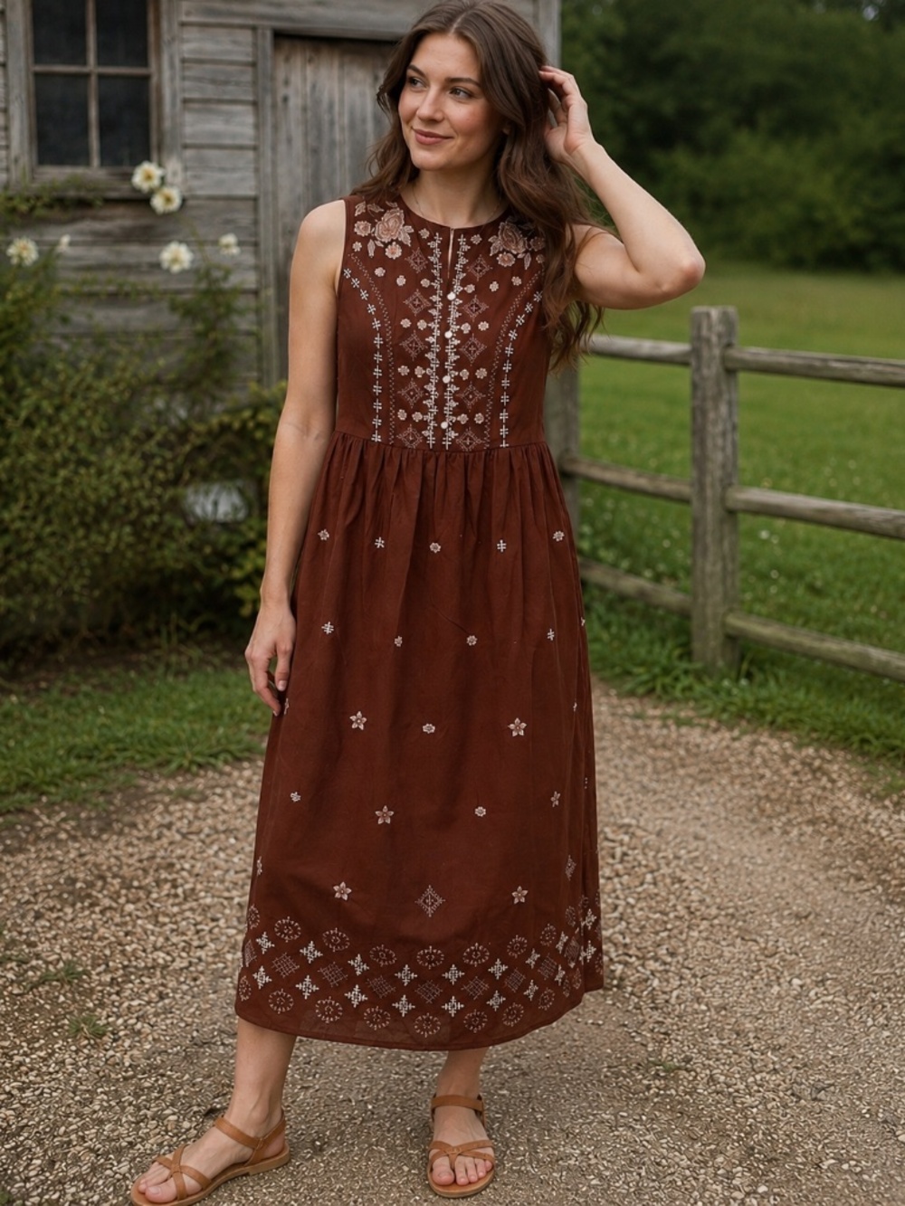 La Bellum by Hillary Scott Embroidered Maxi Dress Brown Sleeveless Boho HSN